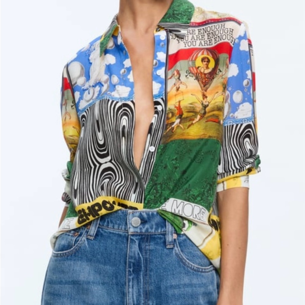 Alice + Olivia Blue and Green Wildlife-Inspired Blouse